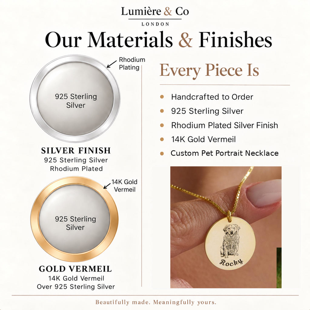 Lumière & Co materials and finish guide for custom pet portrait necklace