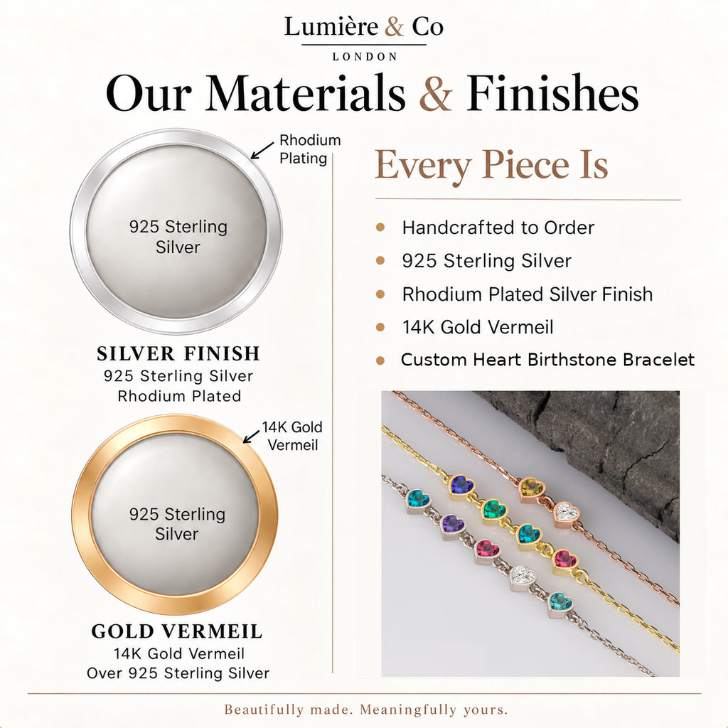 Custom Sterling Silver Heart Birthstone Bracelet — materials and finishes