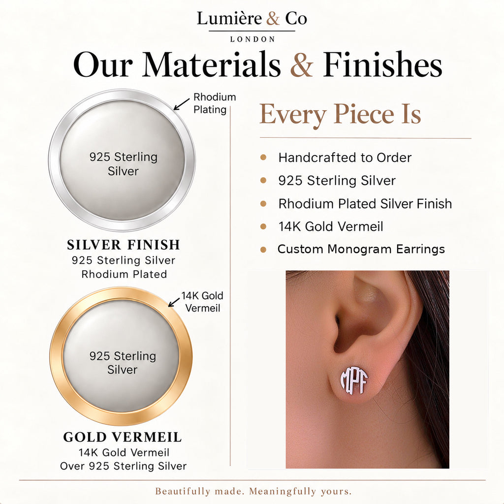 Lumière & Co materials and finish guide for custom sterling silver monogram earrings