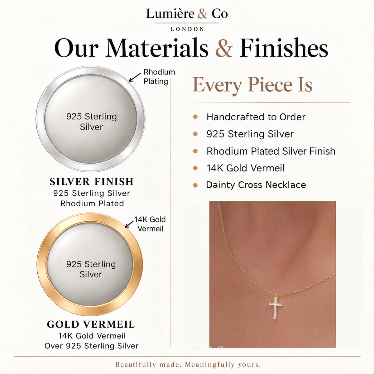 Materials and finishes guide for tiny stone-set cross necklace