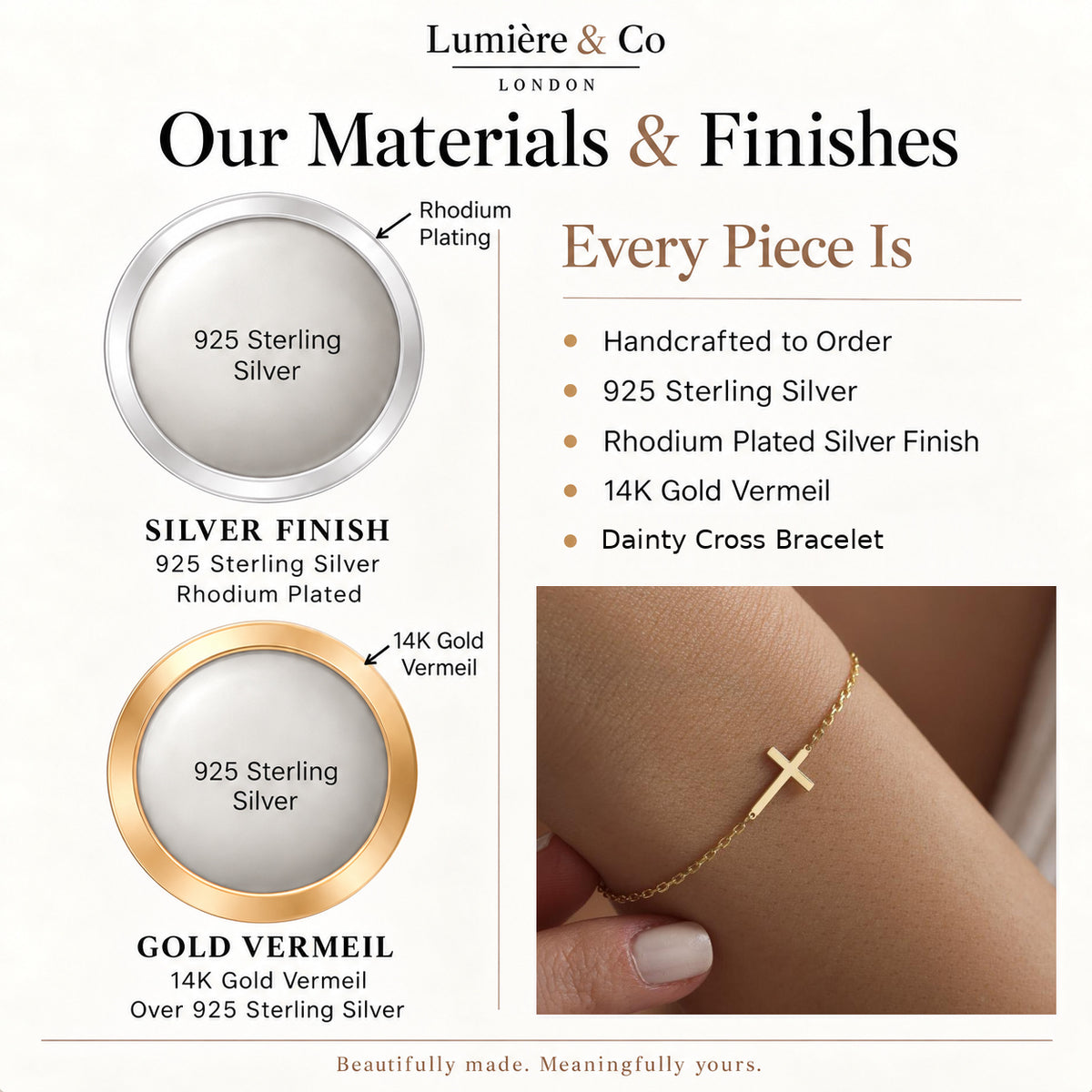 Lumière & Co materials and finish guide for dainty sterling silver cross bracelet