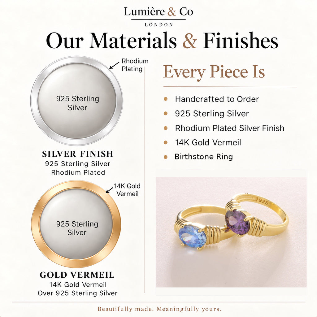 Materials and finishes guide for oval birthstone ring in sterling silver
