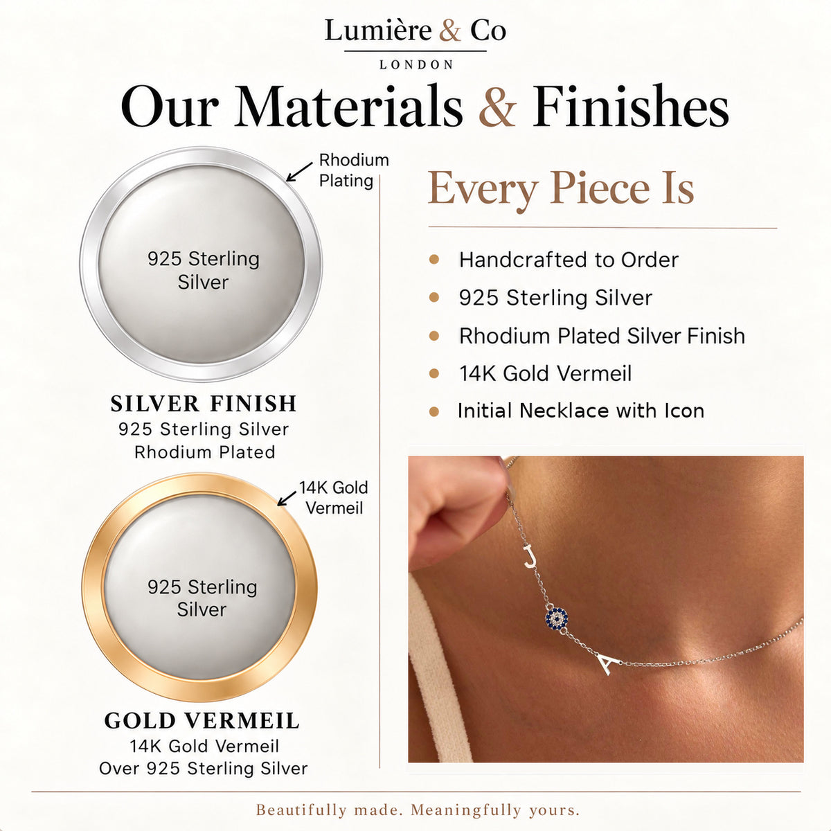 Initial Necklace with Icon — materials and finishes