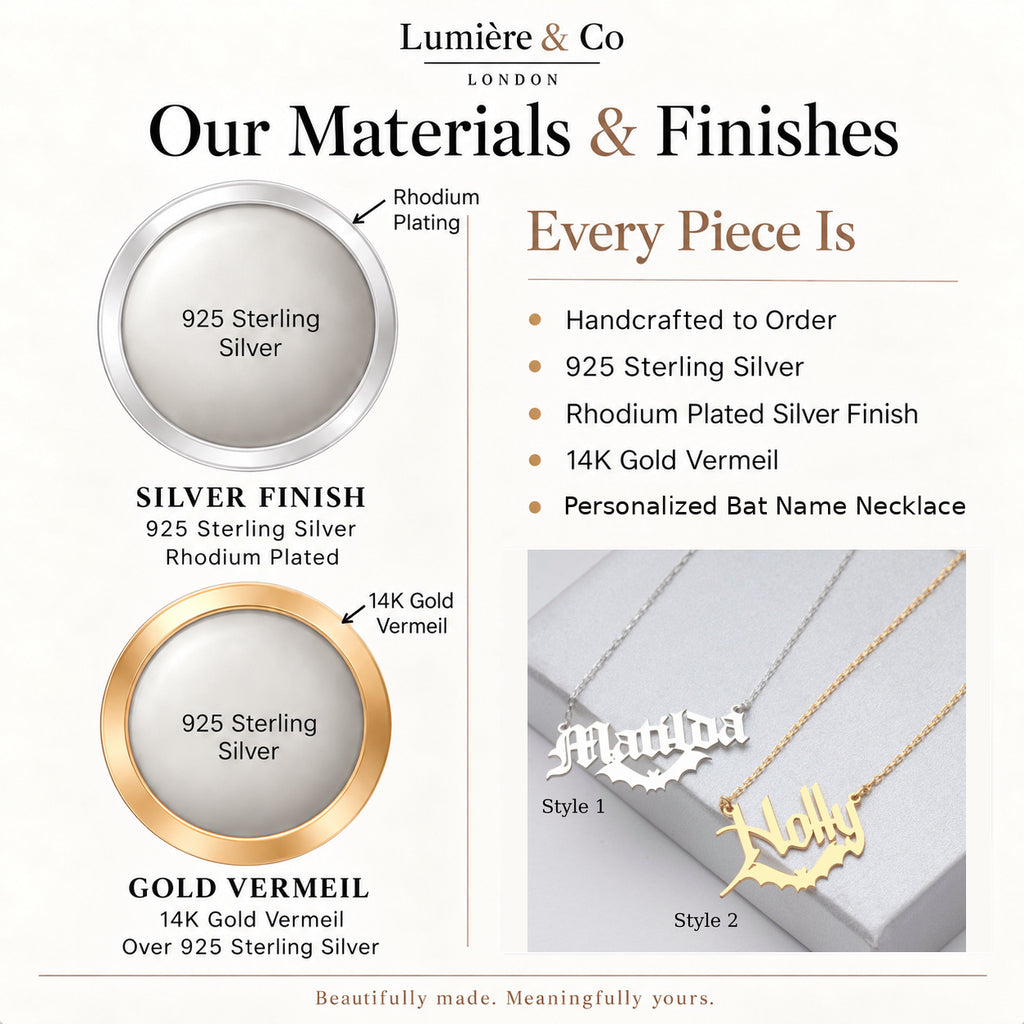 Personalized Bat Name Necklace – materials and finishes