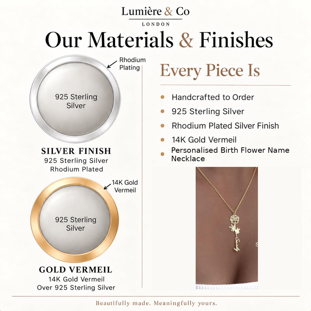 Materials and finishes guide for personalised birth flower name necklace