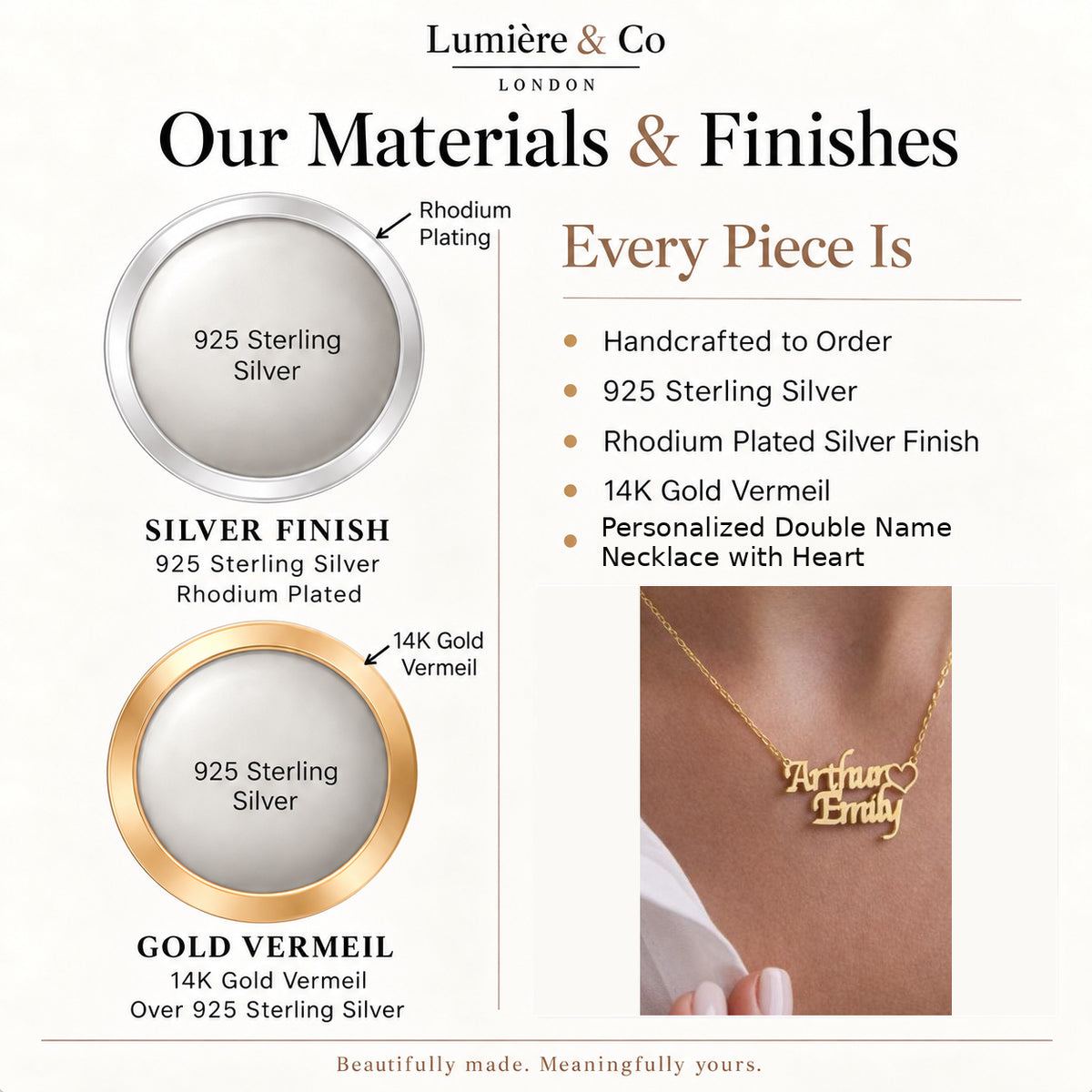 Lumière & Co materials and finish guide for personalized double name necklace with heart