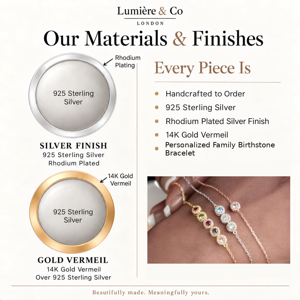 Lumière & Co materials and finish guide for personalized family birthstone bracelet