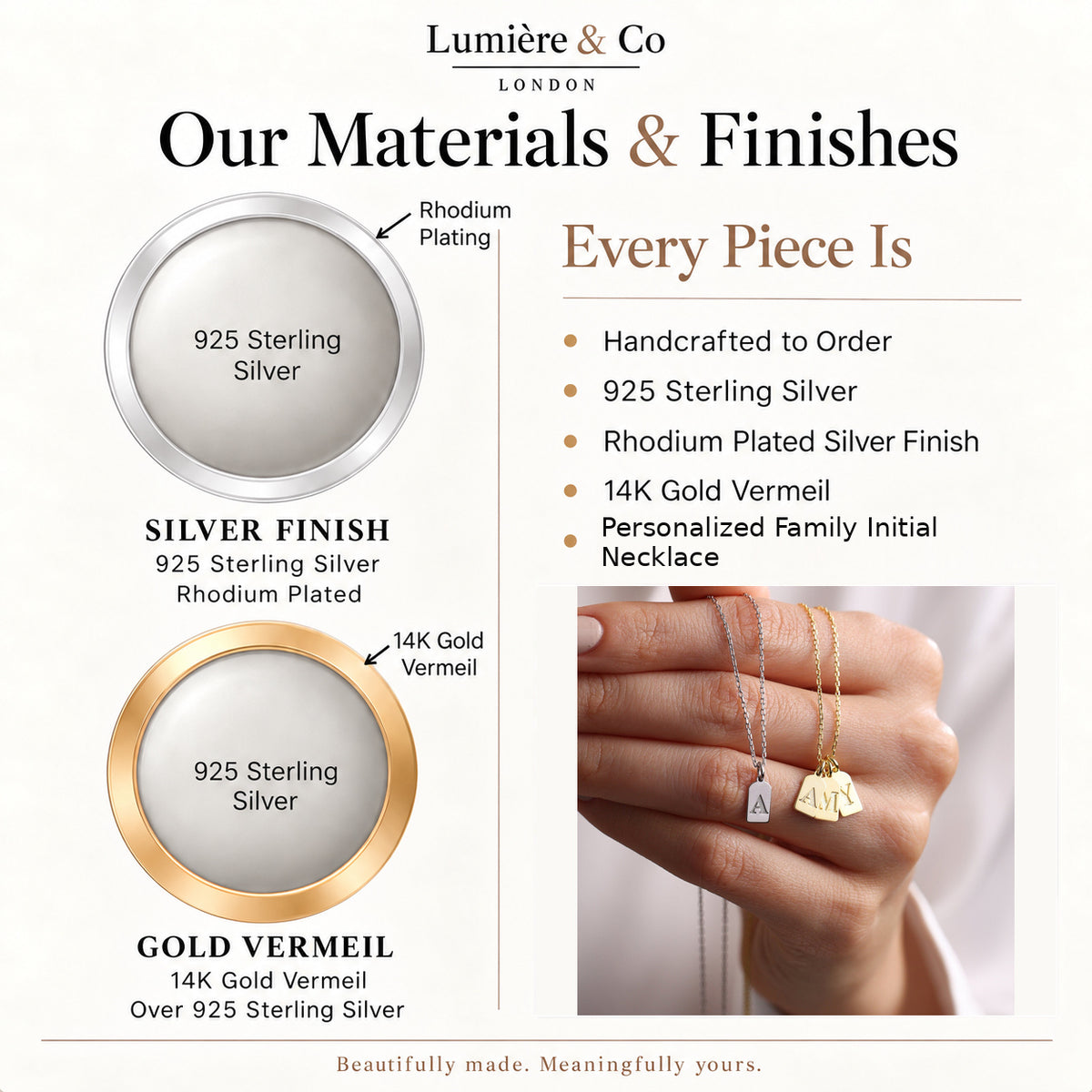 Materials and finishes guide for personalised family initial tag necklace