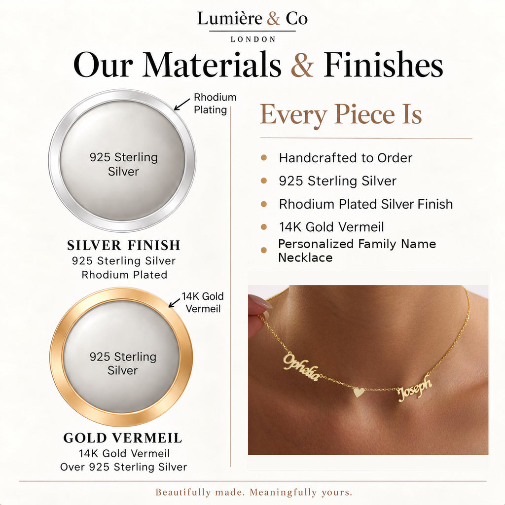 Personalized Family Name Necklace in 925 Sterling Silver — materials and finishes
