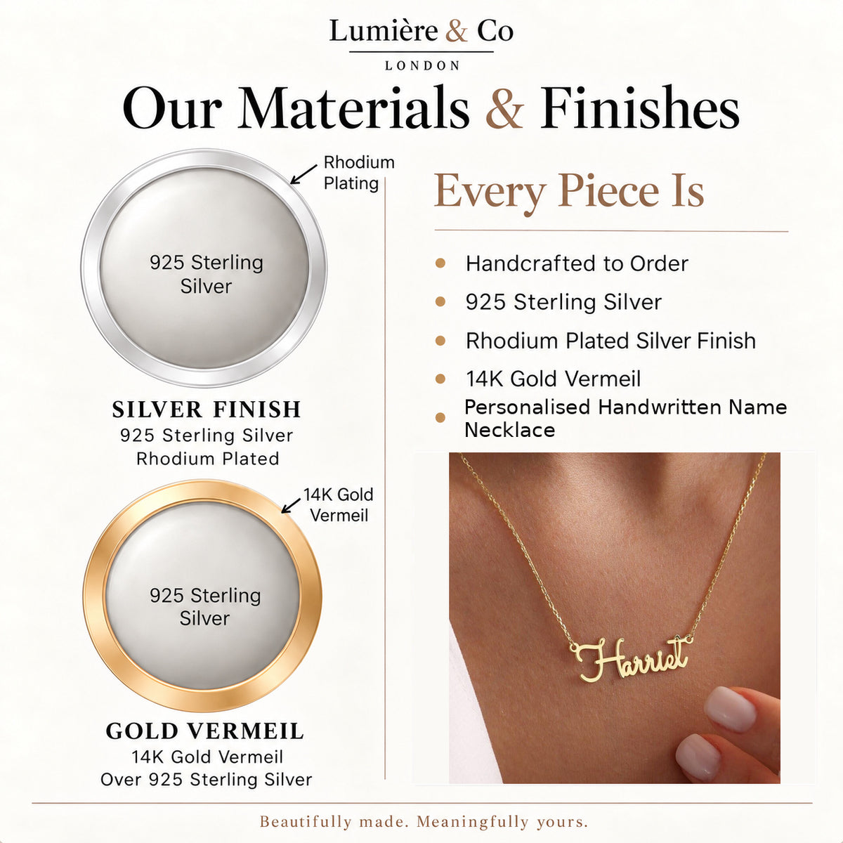 Lumière & Co materials and finish guide for personalised handwritten name necklace