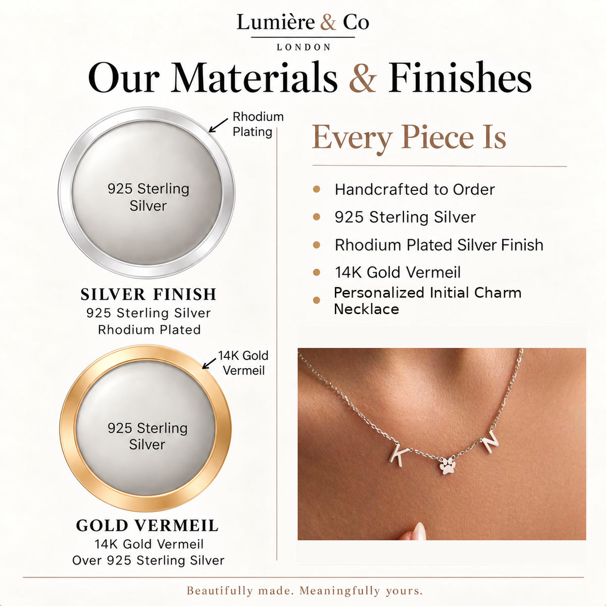 Personalized Initial Charm Necklace in 925 Sterling Silver – materials and finishes