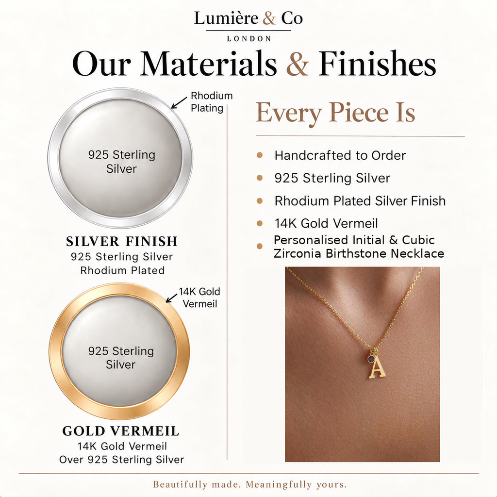 Lumière & Co materials and finish guide for personalised initial & cubic zirconia birthstone necklace