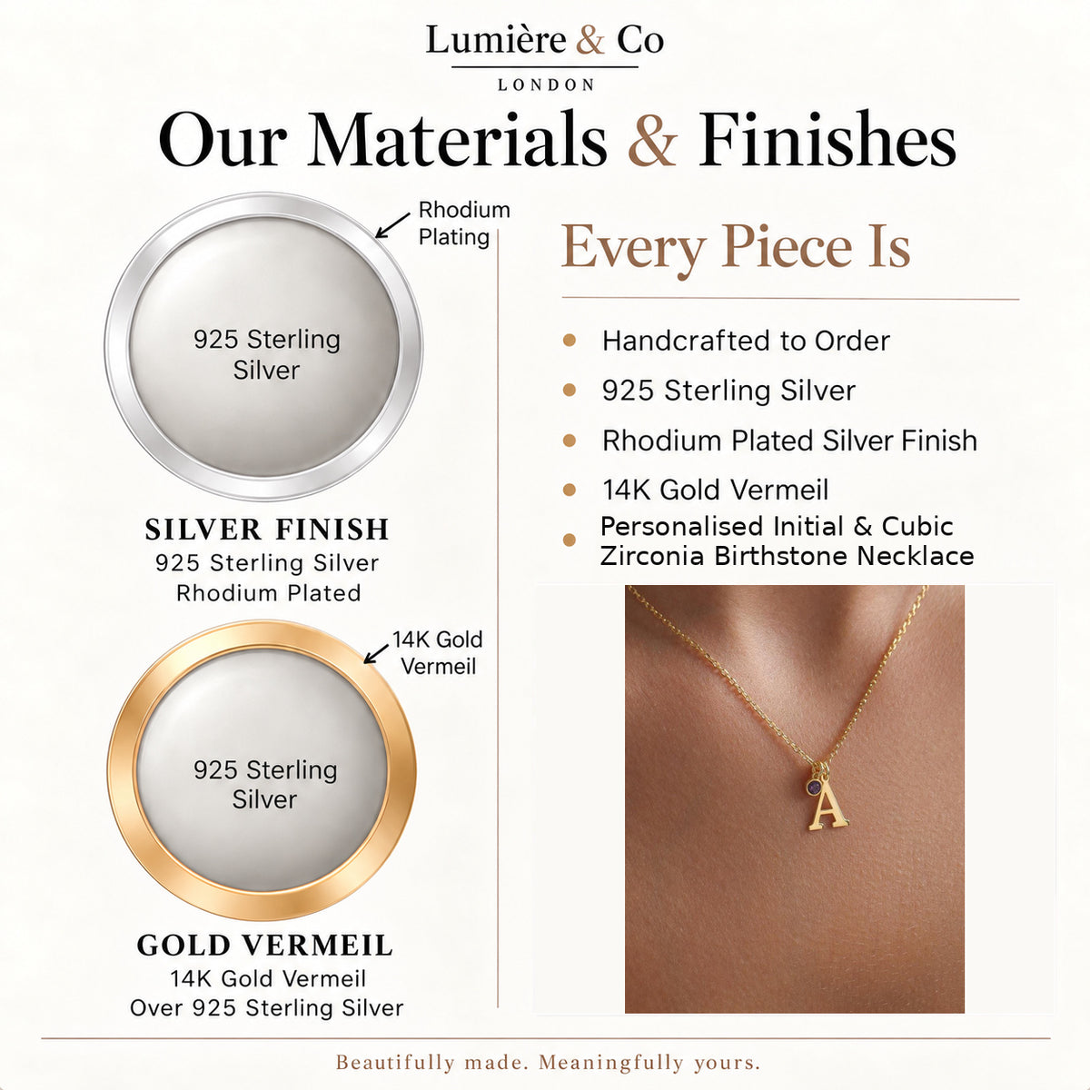 Lumière & Co materials and finish guide for personalised initial & cubic zirconia birthstone necklace