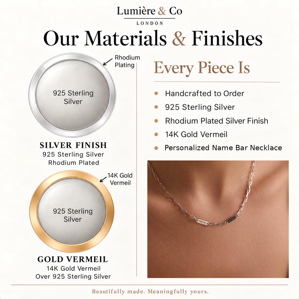 Personalized Name Bar Necklace — materials and finishes