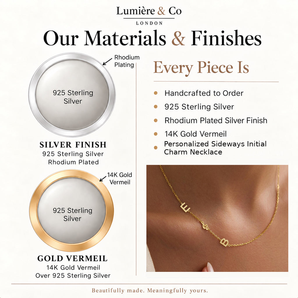 Lumière & Co materials and finish guide for personalized sideways initial charm necklace