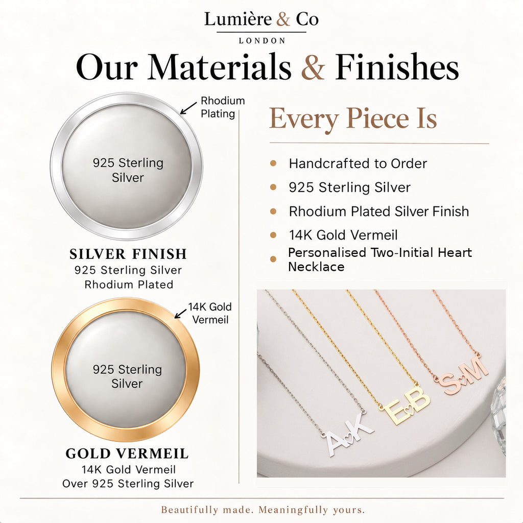 Materials and finishes guide for personalised two-initial heart necklace