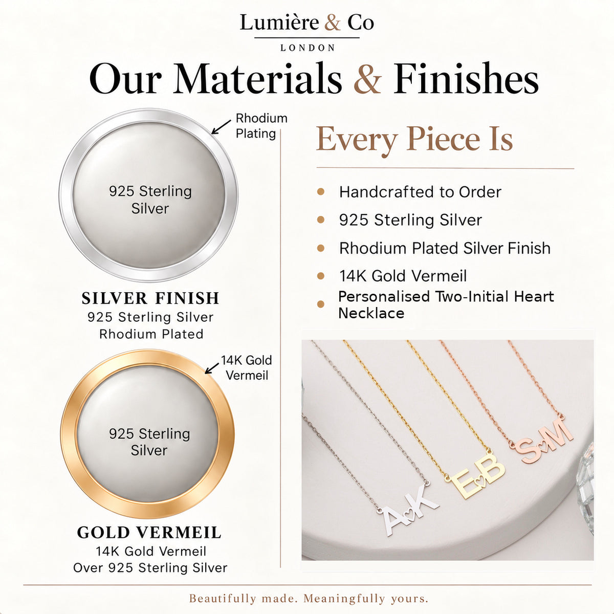Materials and finishes guide for personalised two-initial heart necklace