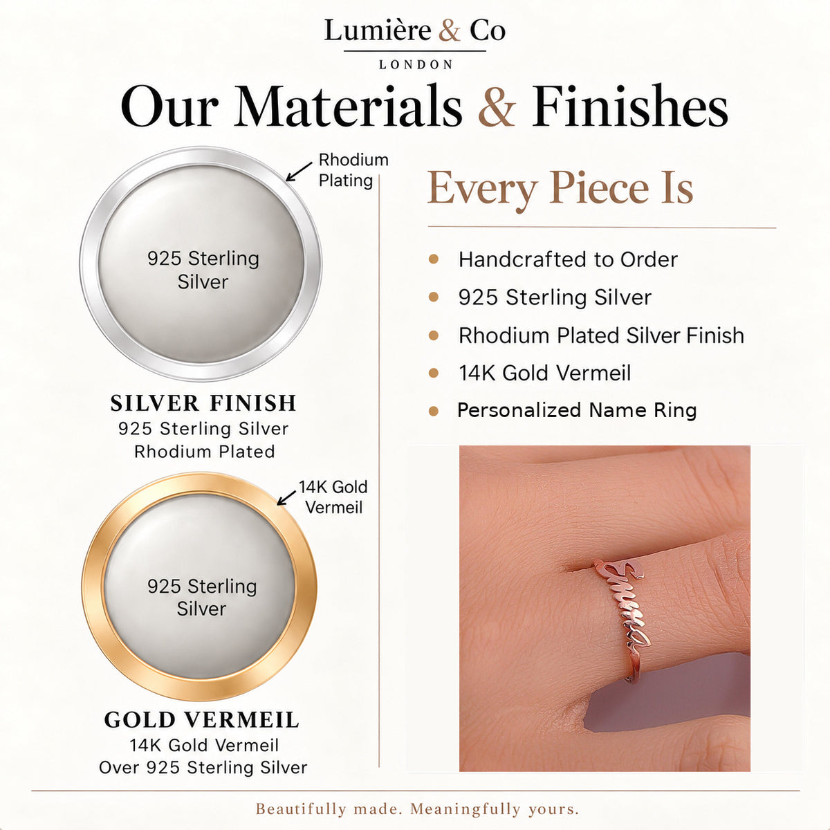 Lumière & Co materials and finish guide for personalized sterling silver name ring