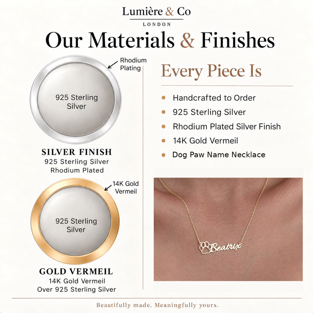 Lumière & Co materials and finish guide for sterling silver dog paw name necklace