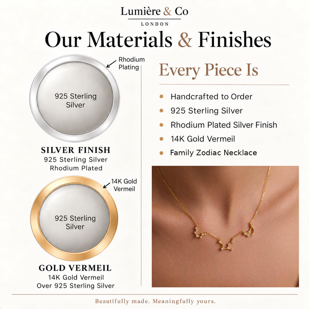 Materials and finishes guide for personalised family constellation necklace