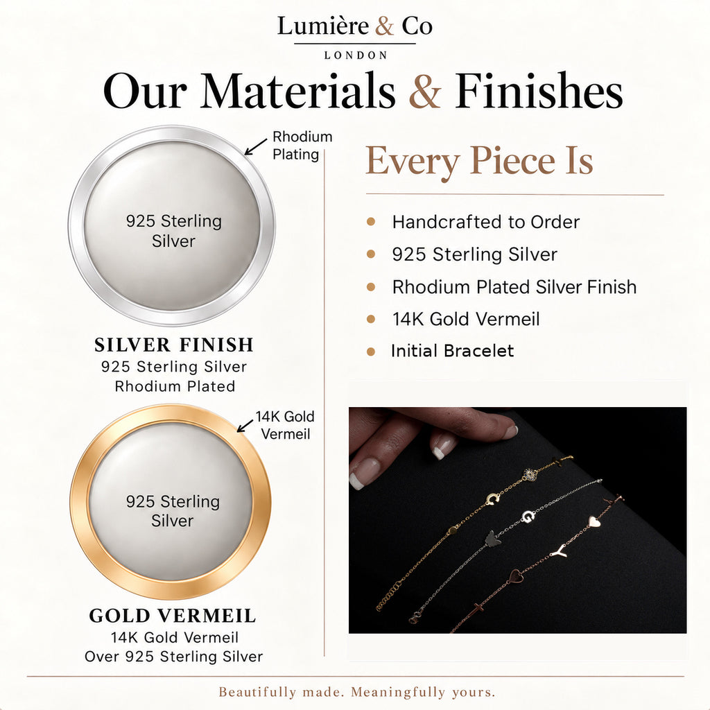 Materials and finishes guide for personalised initial & symbol bracelet