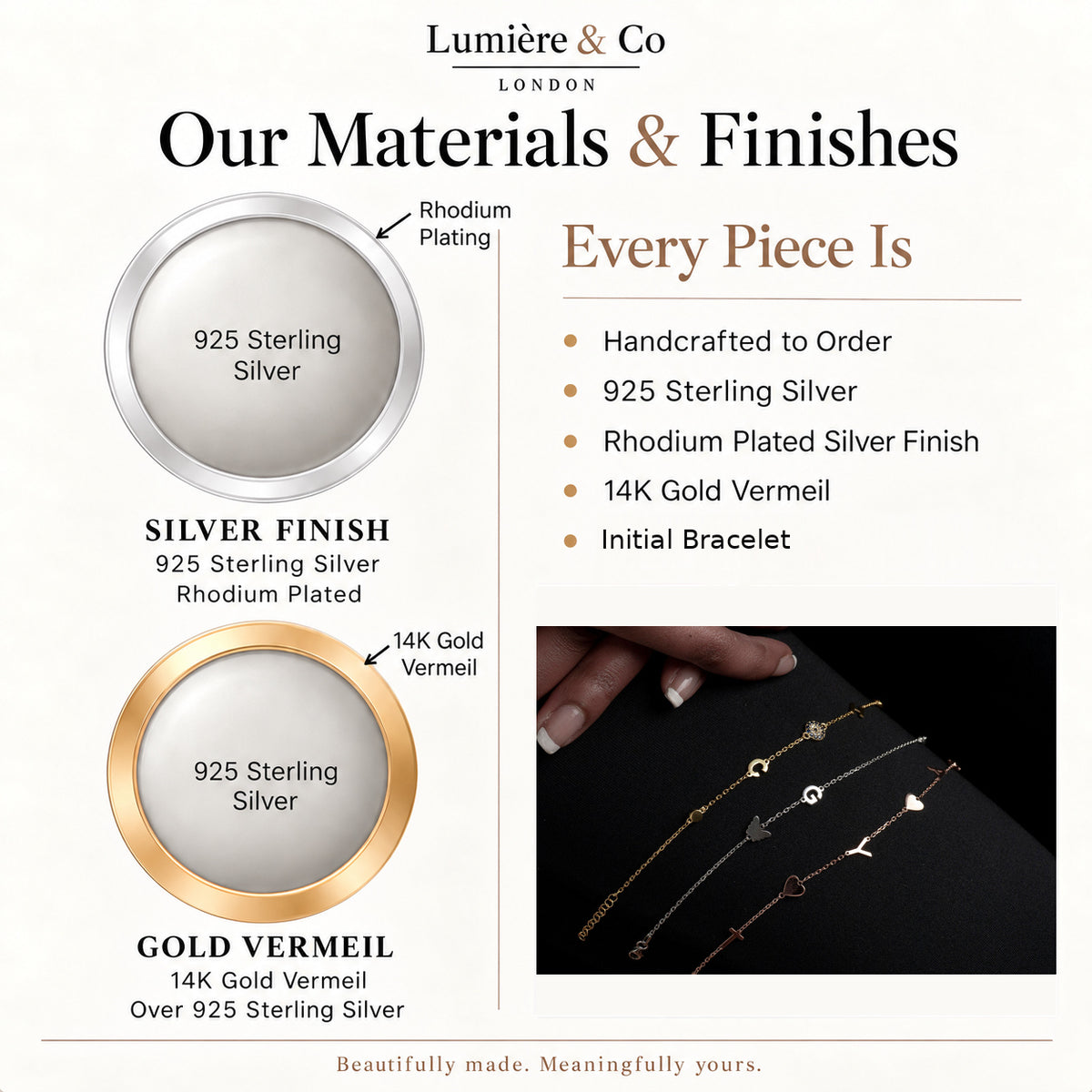 Materials and finishes guide for personalised initial & symbol bracelet