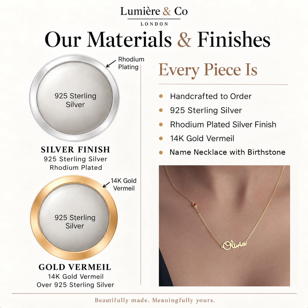Sterling Silver Name Necklace with Birthstone — materials and finishes