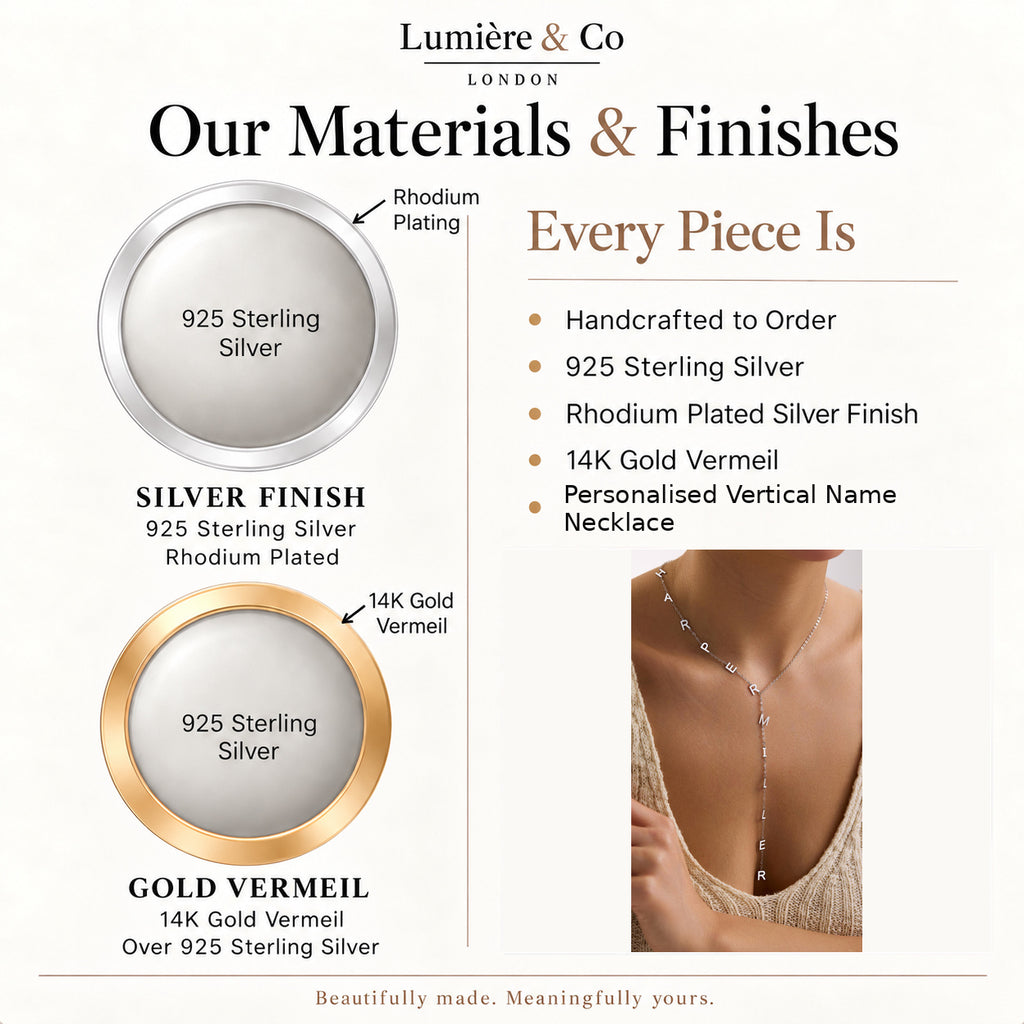 Lumière & Co materials and finish guide for personalised vertical name necklace