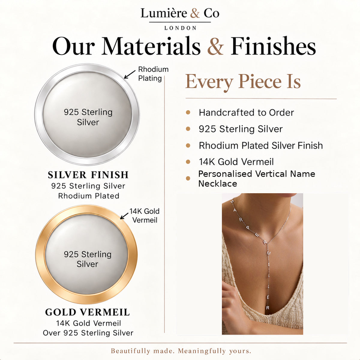 Lumière & Co materials and finish guide for personalised vertical name necklace