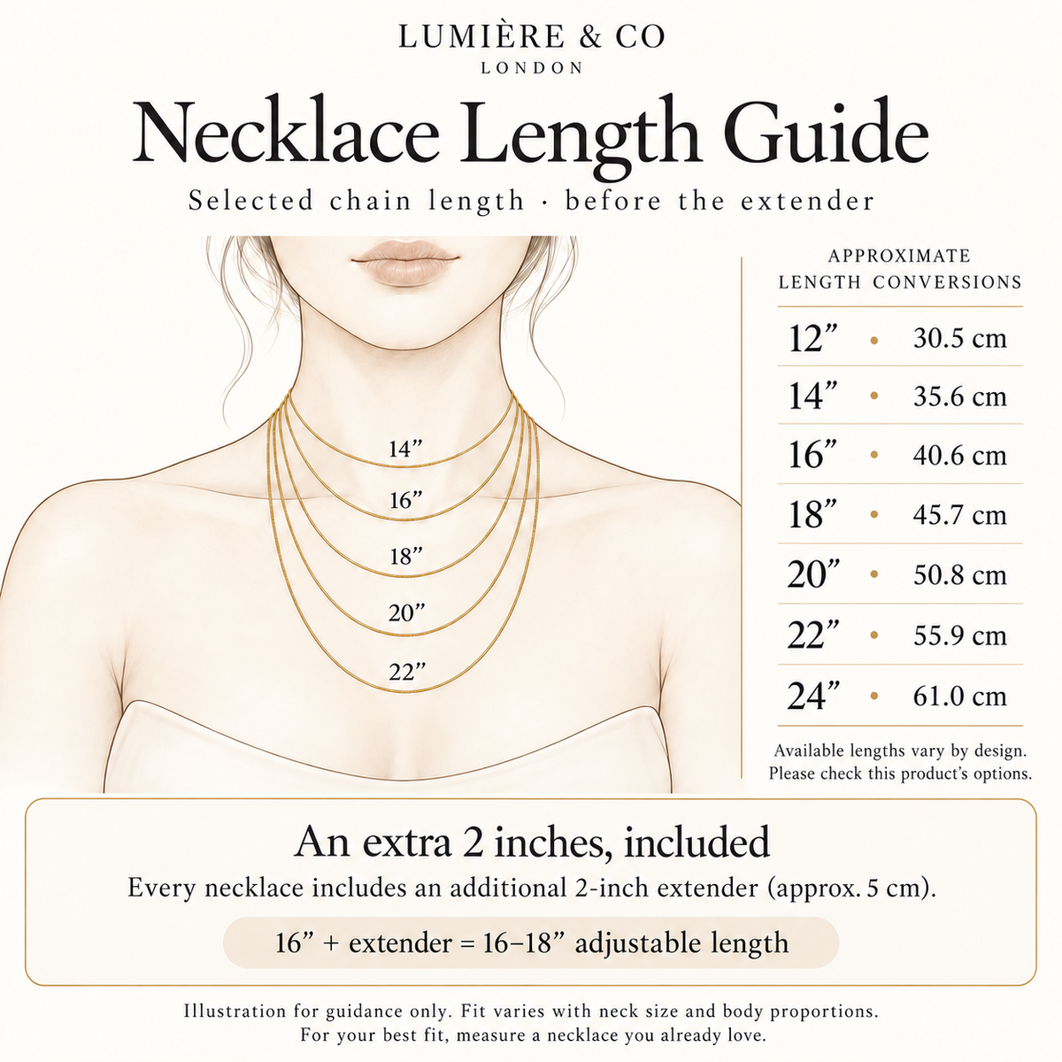 Necklace length guide showing selected chain lengths and the additional 2-inch extender