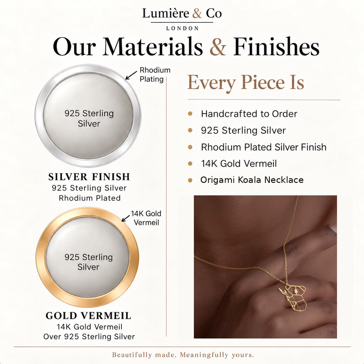 Lumière & Co materials and finish guide for origami koala necklace