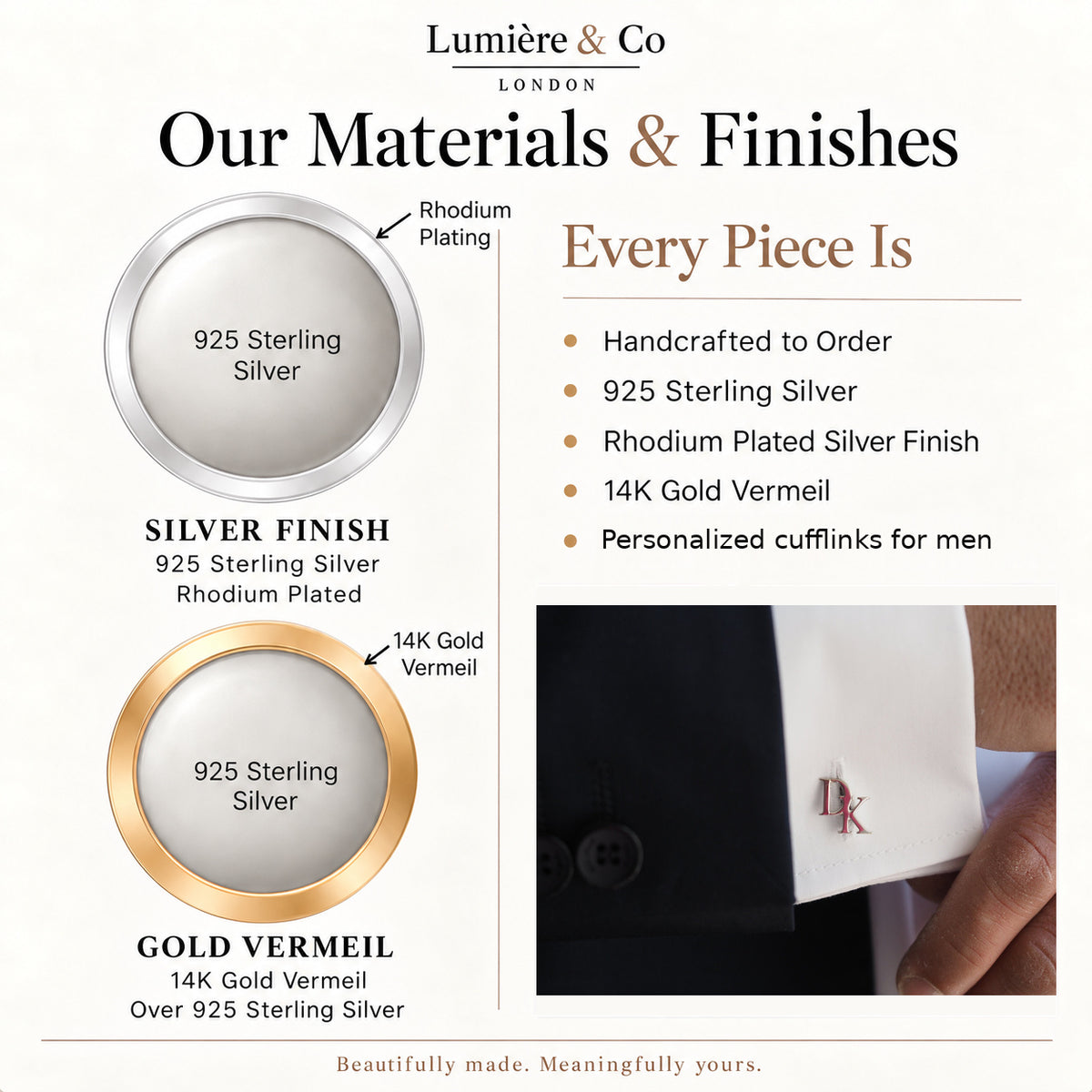Personalized 925 silver cufflinks for men — materials and finishes