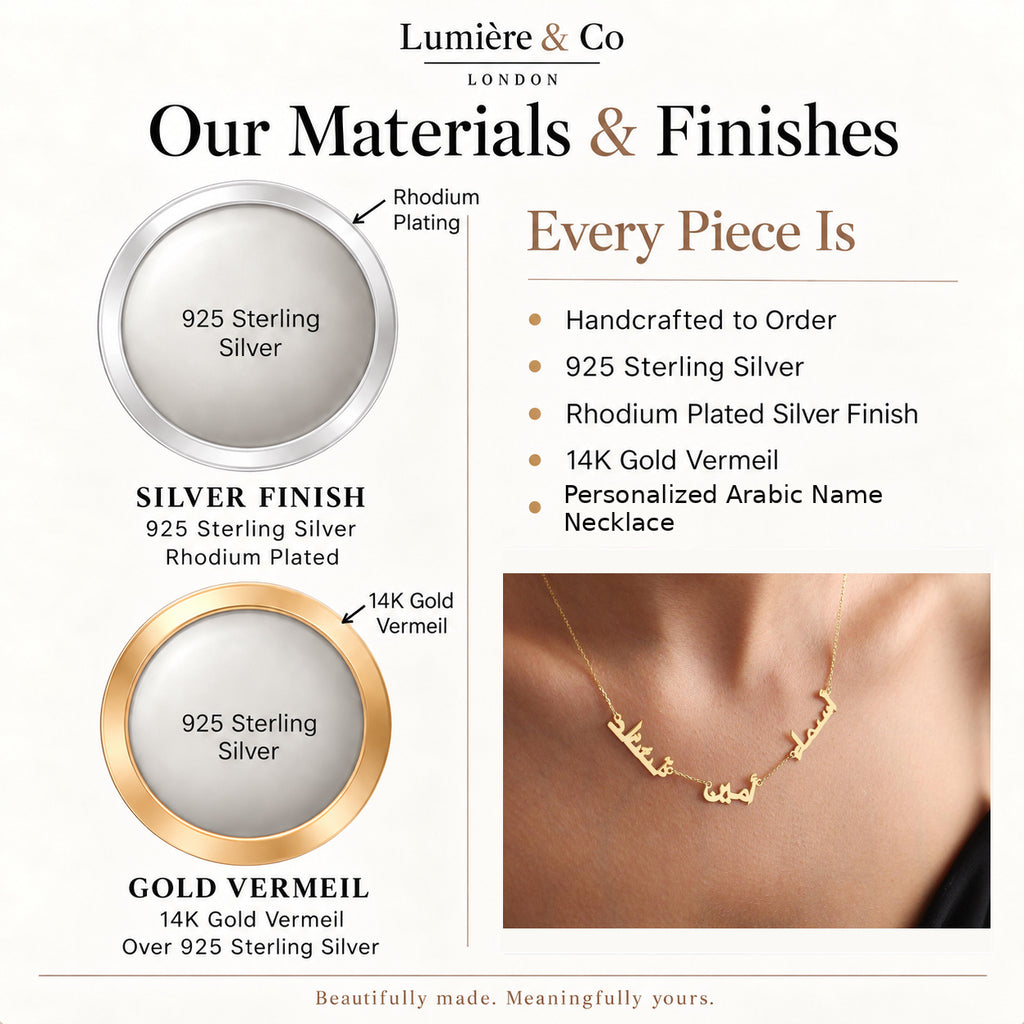 Personalized Arabic Name Necklace – materials and finishes: 925 sterling silver, rhodium plated silver and 14K gold vermeil – Lumière & Co London