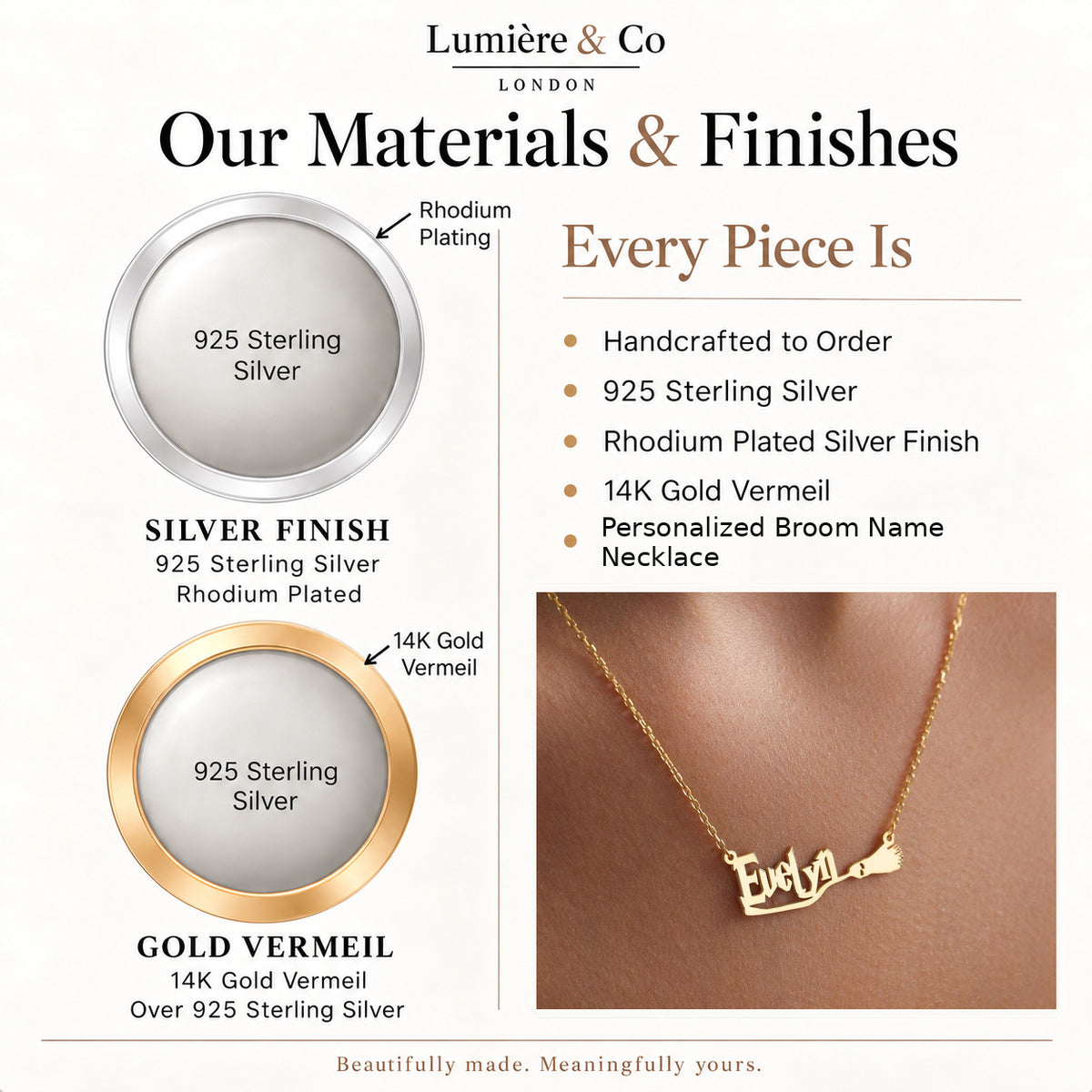 Personalized Broom Name Necklace — materials and finishes
