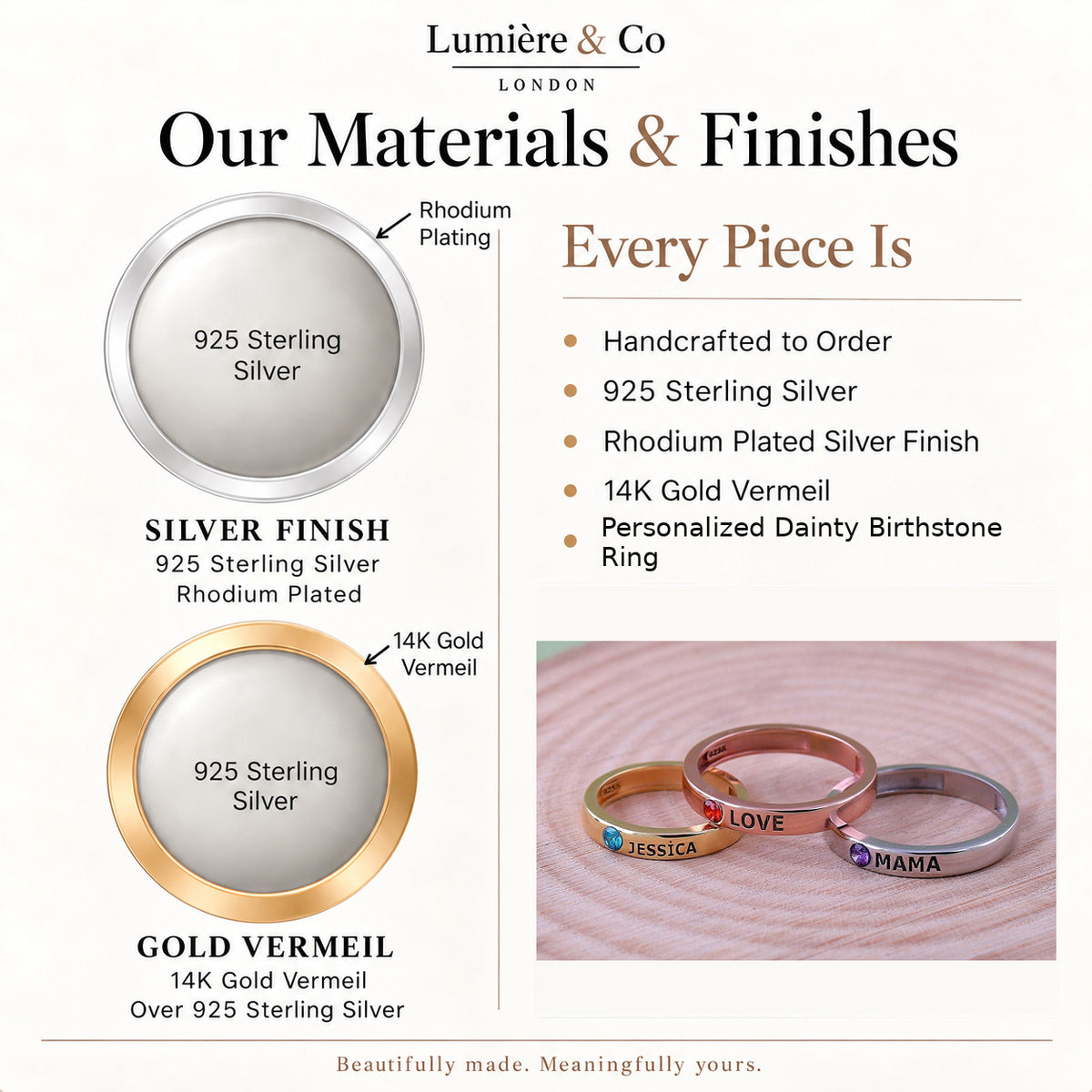 Personalized Dainty Birthstone Ring — materials and finishes