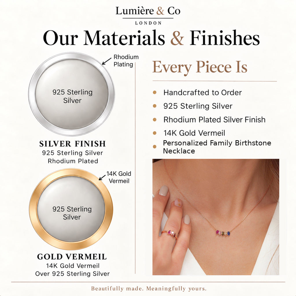 Lumière & Co materials and finish guide for personalized family birthstone necklace