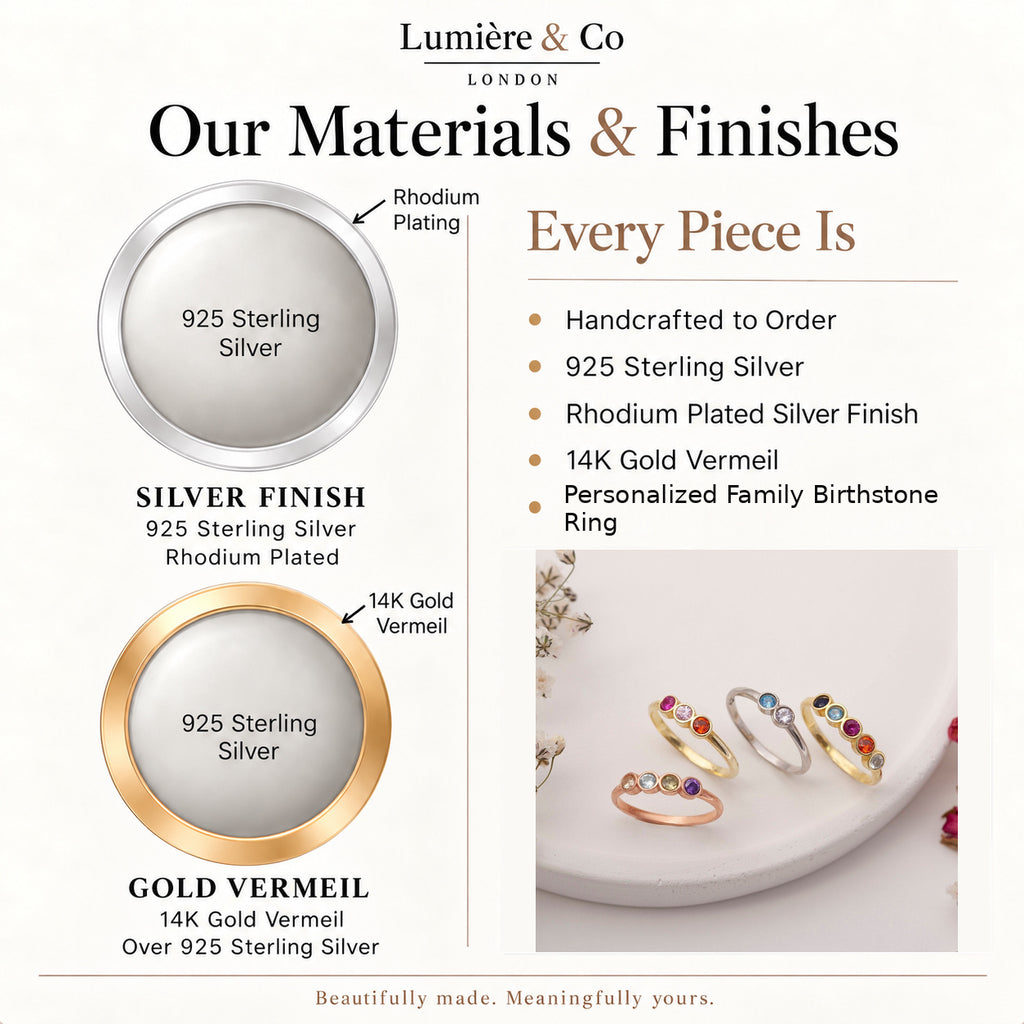 Personalized Family Birthstone Ring – materials and finishes: 925 sterling silver, rhodium plated silver and 14K gold vermeil – Lumière & Co London