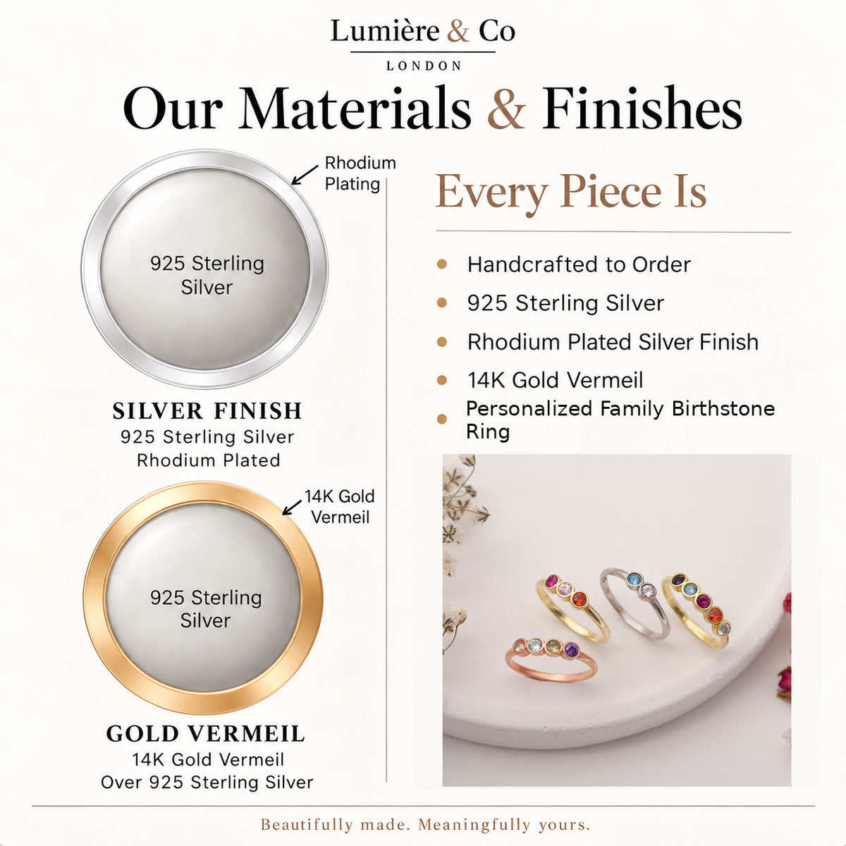 Personalized Family Birthstone Ring – materials and finishes: 925 sterling silver, rhodium plated silver and 14K gold vermeil – Lumière & Co London