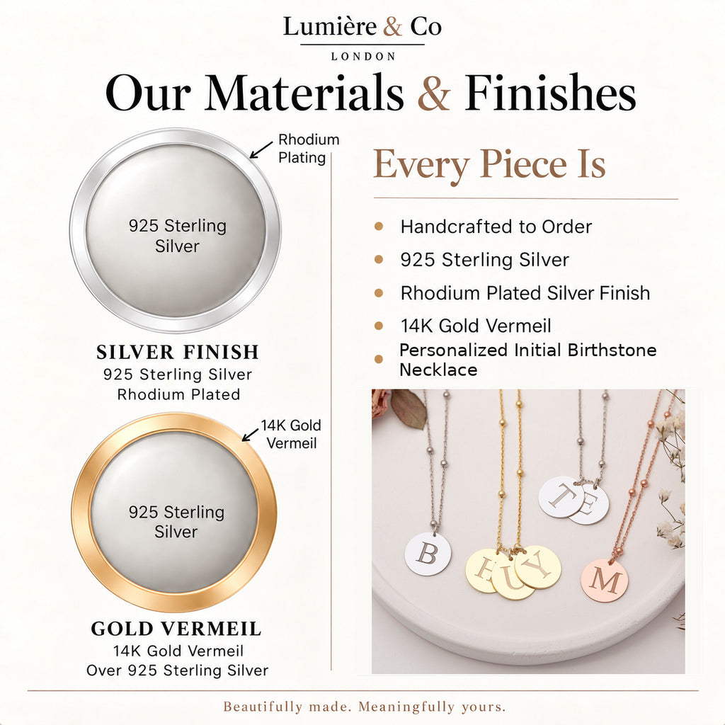 Personalized Initial Birthstone Necklace – materials and finishes: 925 sterling silver, rhodium plated silver and 14K gold vermeil – Lumière & Co London
