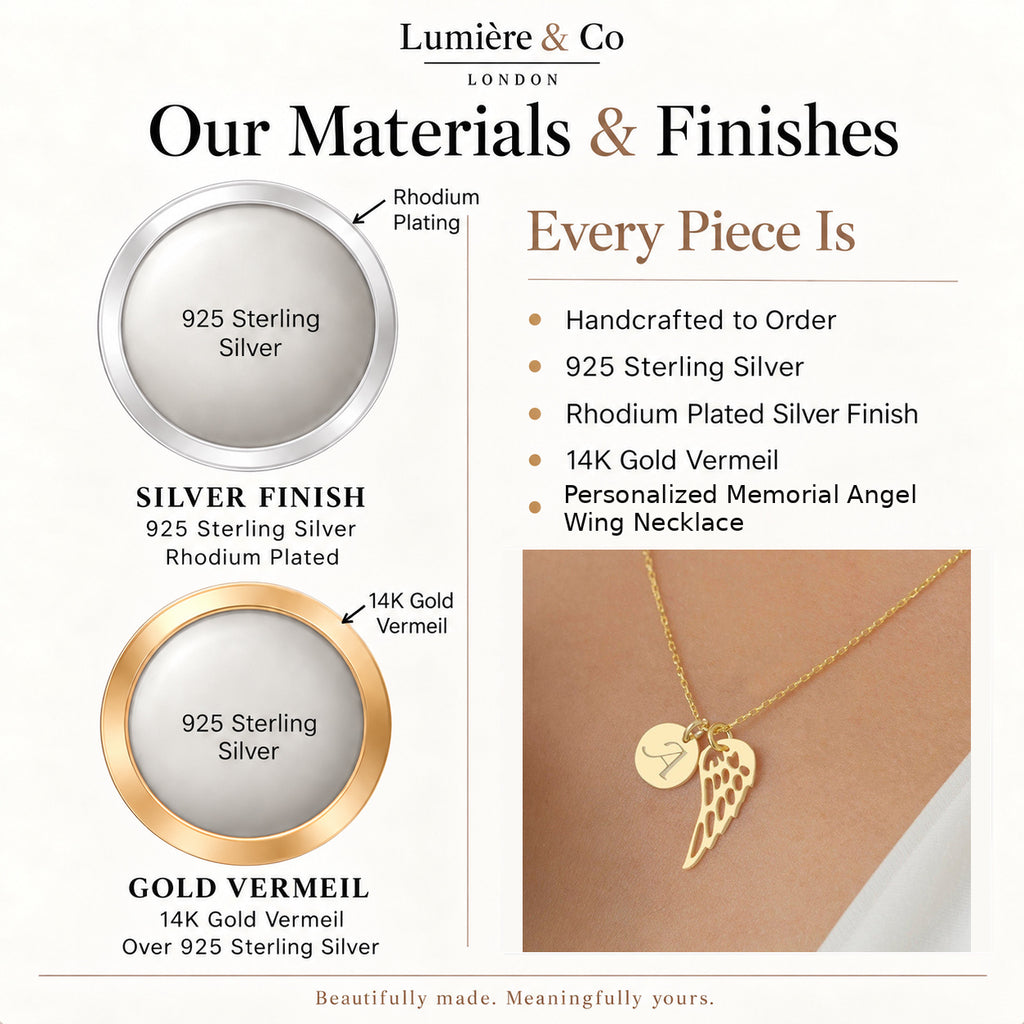 Personalized Memorial Angel Wing Necklace – materials and finishes: 925 sterling silver, rhodium plated silver and 14K gold vermeil – Lumière & Co London
