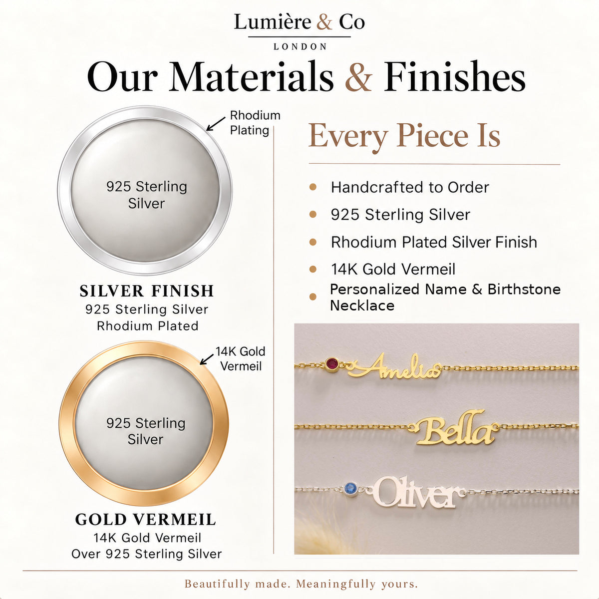 Personalized Name & Birthstone Necklace in 925 Sterling Silver — materials and finishes