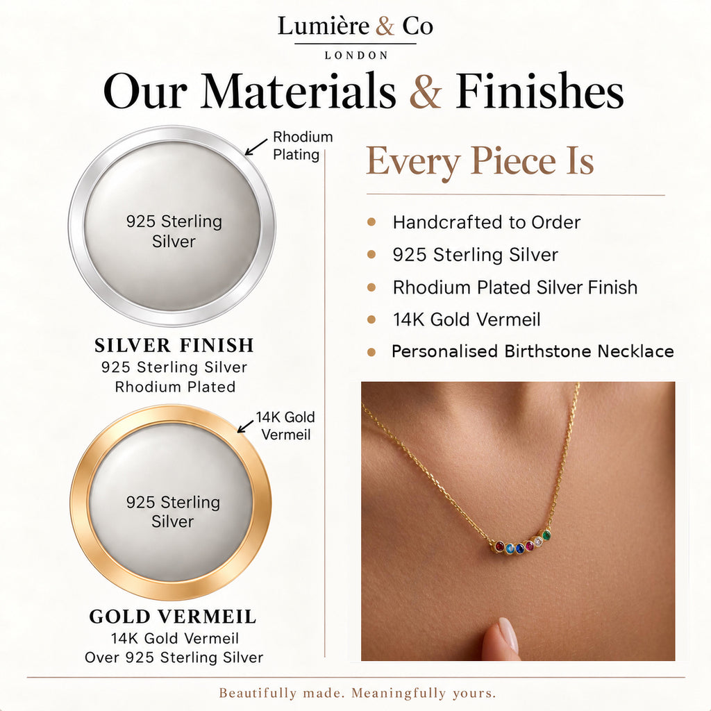 Personalised Birthstone Necklace – Sterling Silver & Gold Vermeil — materials and finishes