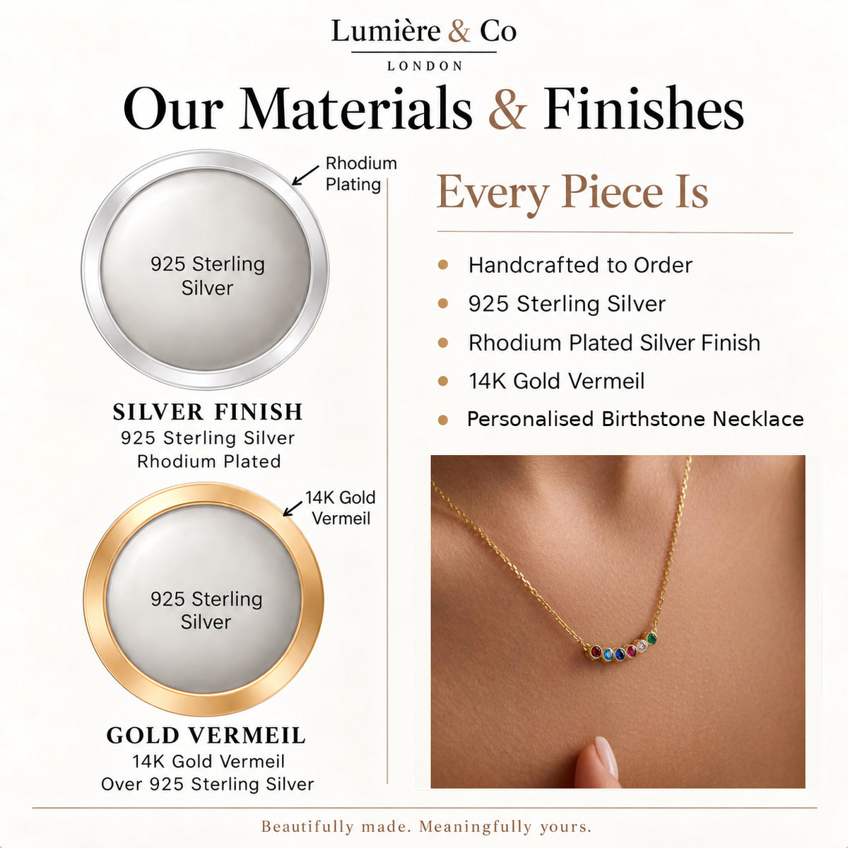 Personalised Birthstone Necklace – Sterling Silver & Gold Vermeil — materials and finishes
