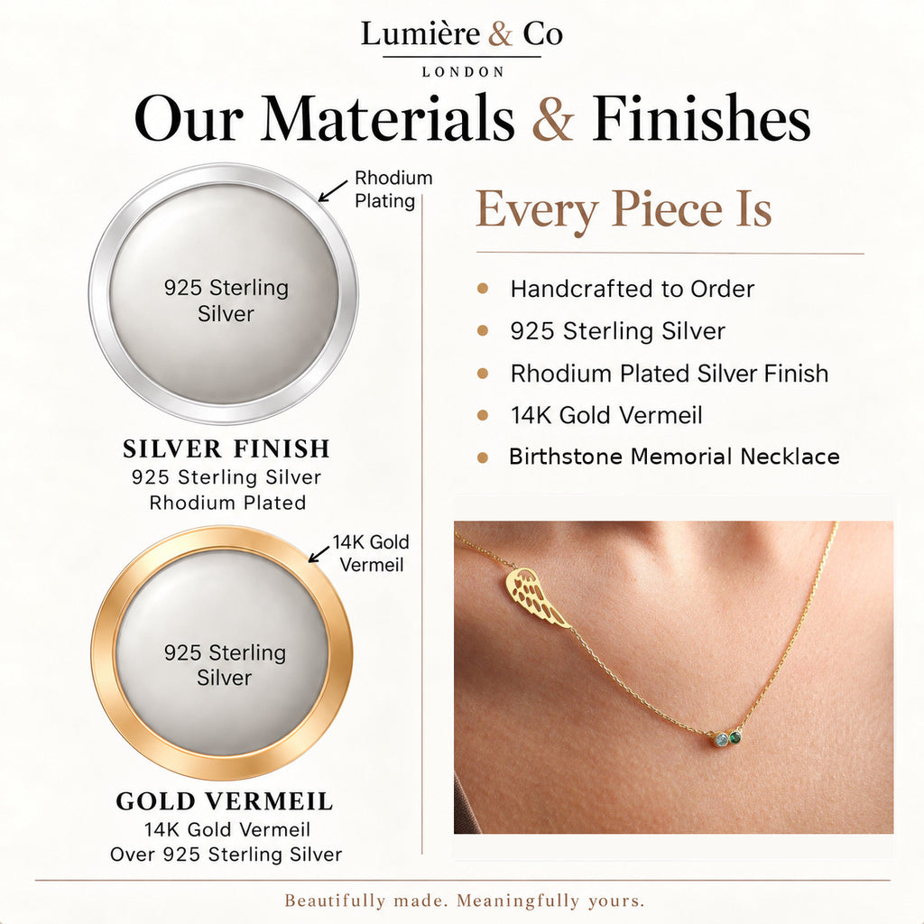Lumière & Co materials and finish guide for sterling silver birthstone memorial necklace