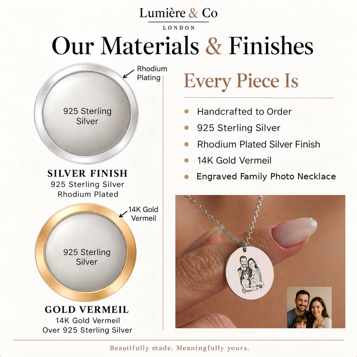 Sterling Silver Engraved Family Photo Necklace — materials and finishes