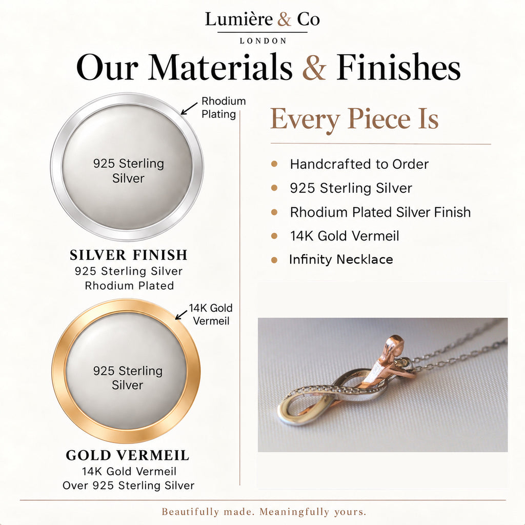 Sterling Silver Infinity Necklace – materials and finishes: 925 sterling silver, rhodium plated silver and 14K gold vermeil – Lumière & Co London