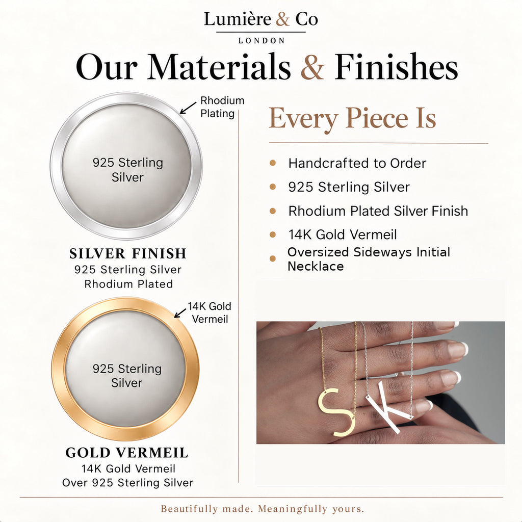 Materials and finishes guide for oversized sideways initial necklace