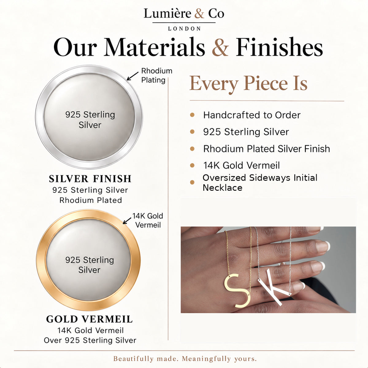 Materials and finishes guide for oversized sideways initial necklace