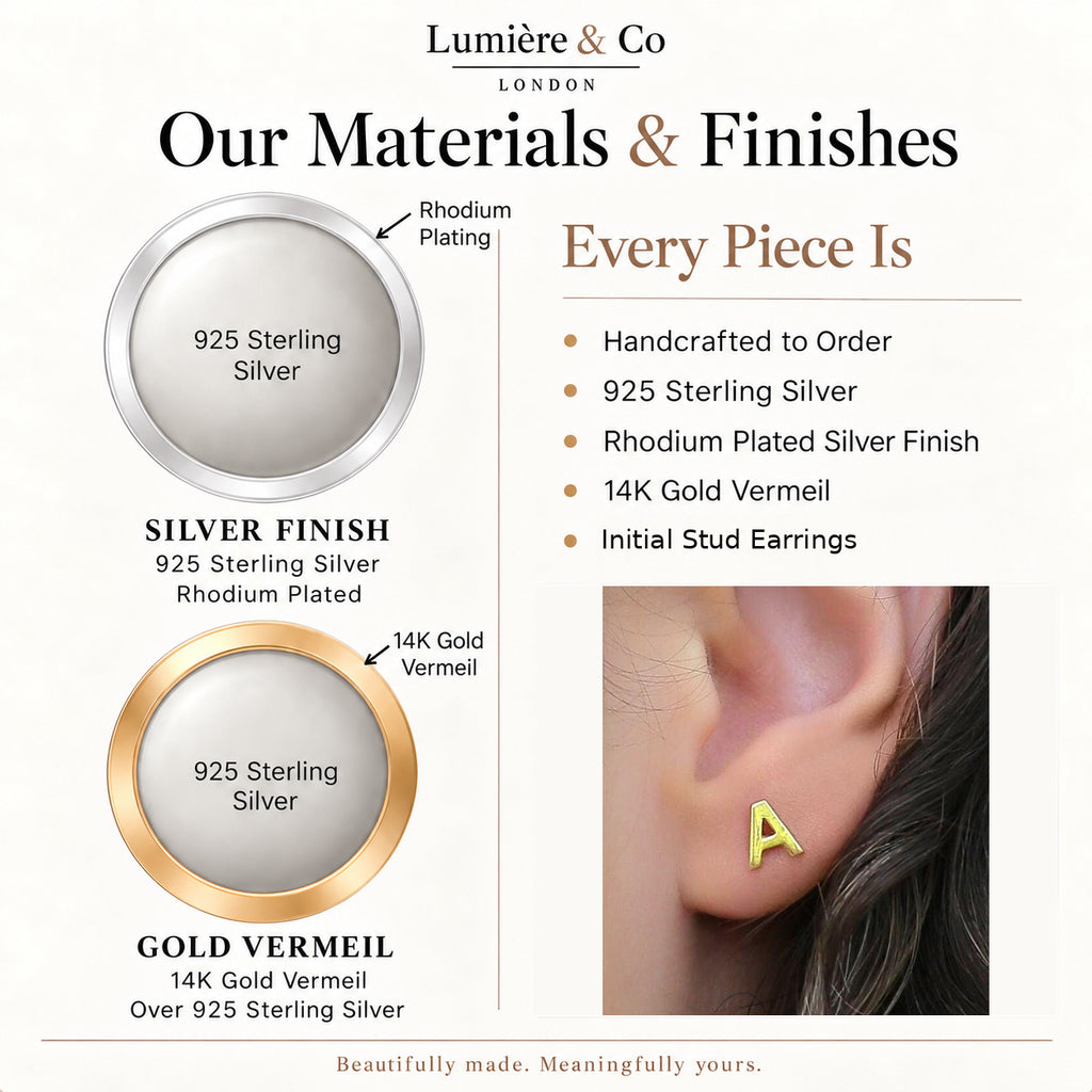 Sterling Silver Initial Stud Earrings – materials and finishes: 925 sterling silver, rhodium plated silver and 14K gold vermeil – Lumière & Co London
