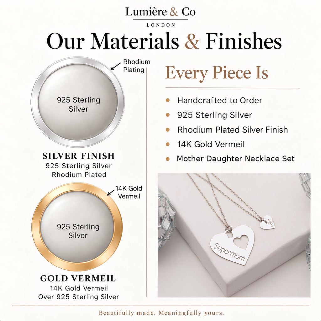 Sterling Silver Mother Daughter Necklace Set – materials and finishes: 925 sterling silver, rhodium plated silver and 14K gold vermeil – Lumière & Co London